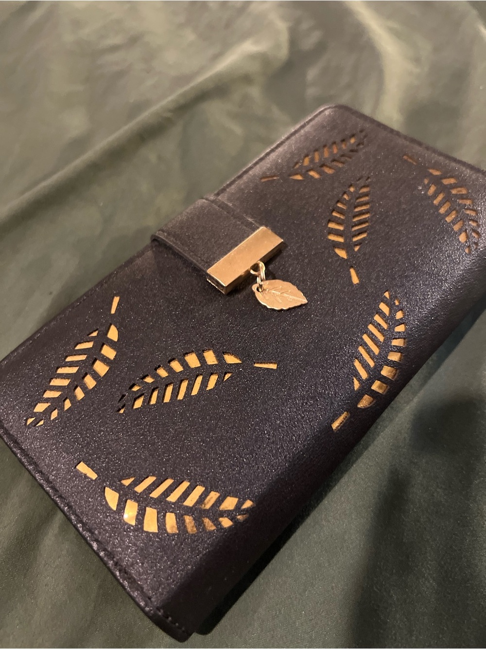Black Leaf-Pattern Wallet with Gold Accents - Picture 2 of 4